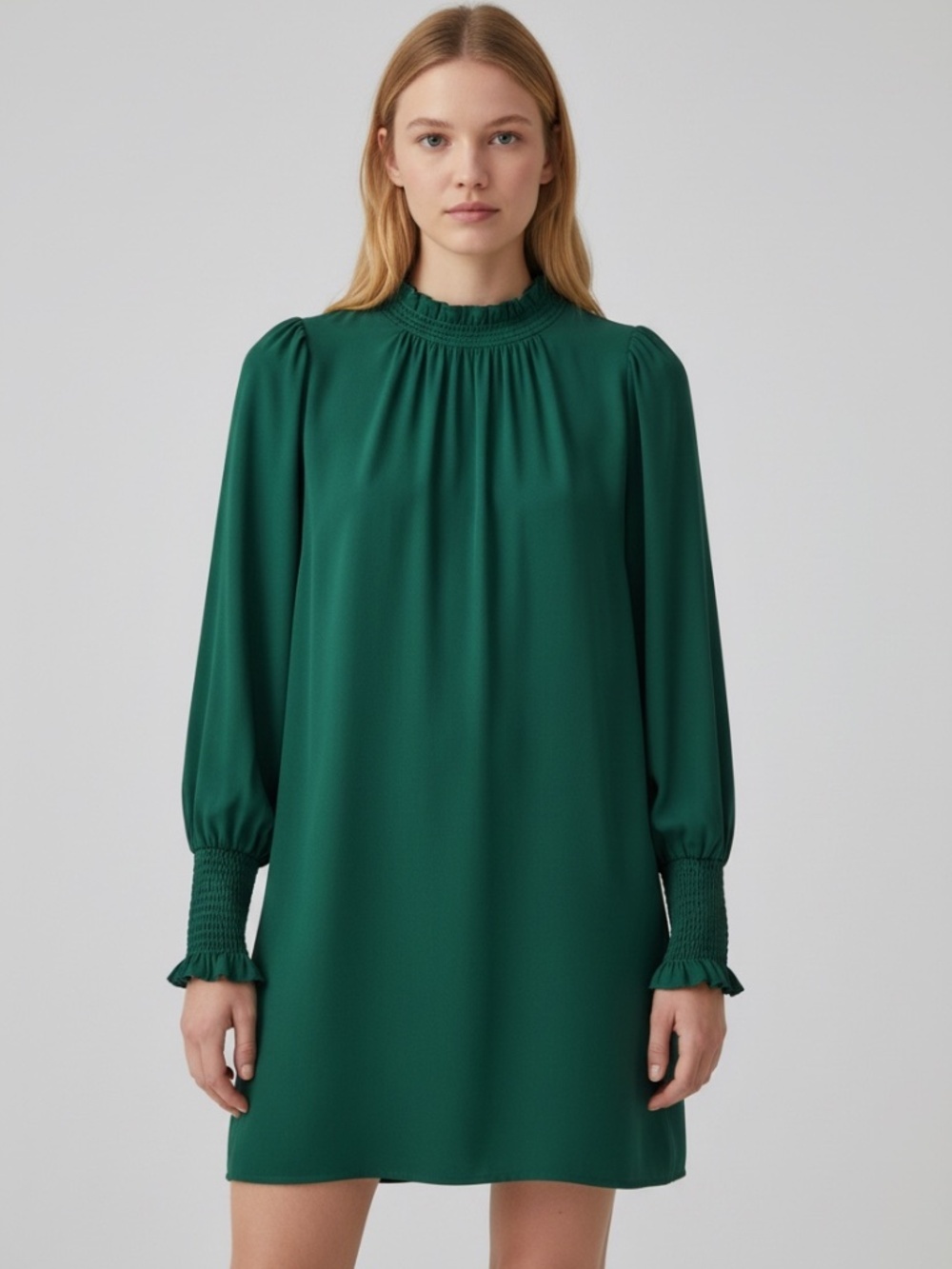 JODIFL Emerald Green Ruffle Neck Smocked Swing Mini Dress Bishop Sleeve Size S